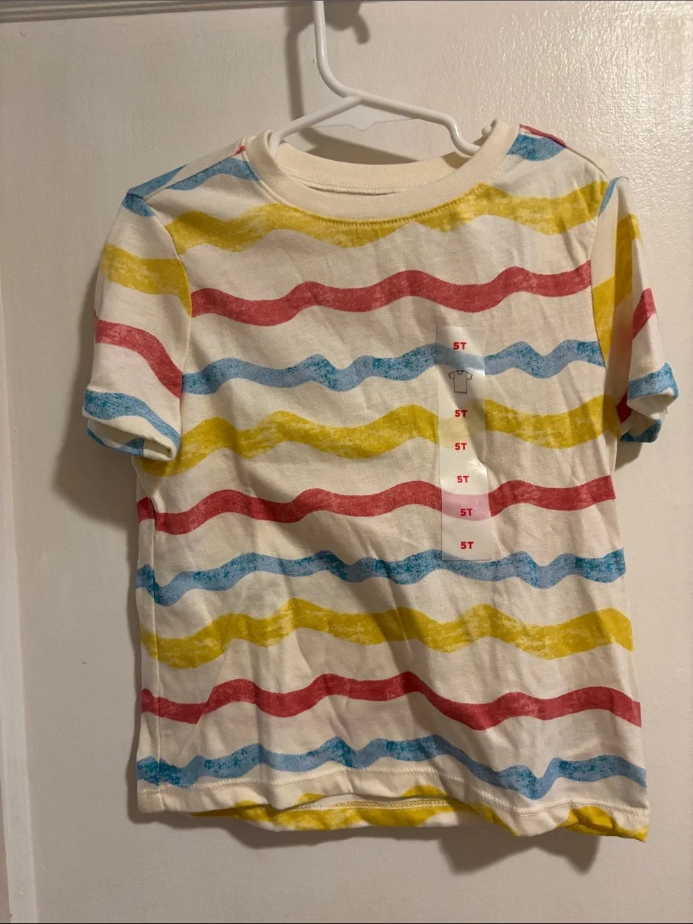 NWT 5T Old Navy White Short Sleeve Tee with Red, Blue & Yellow Wave Stripes